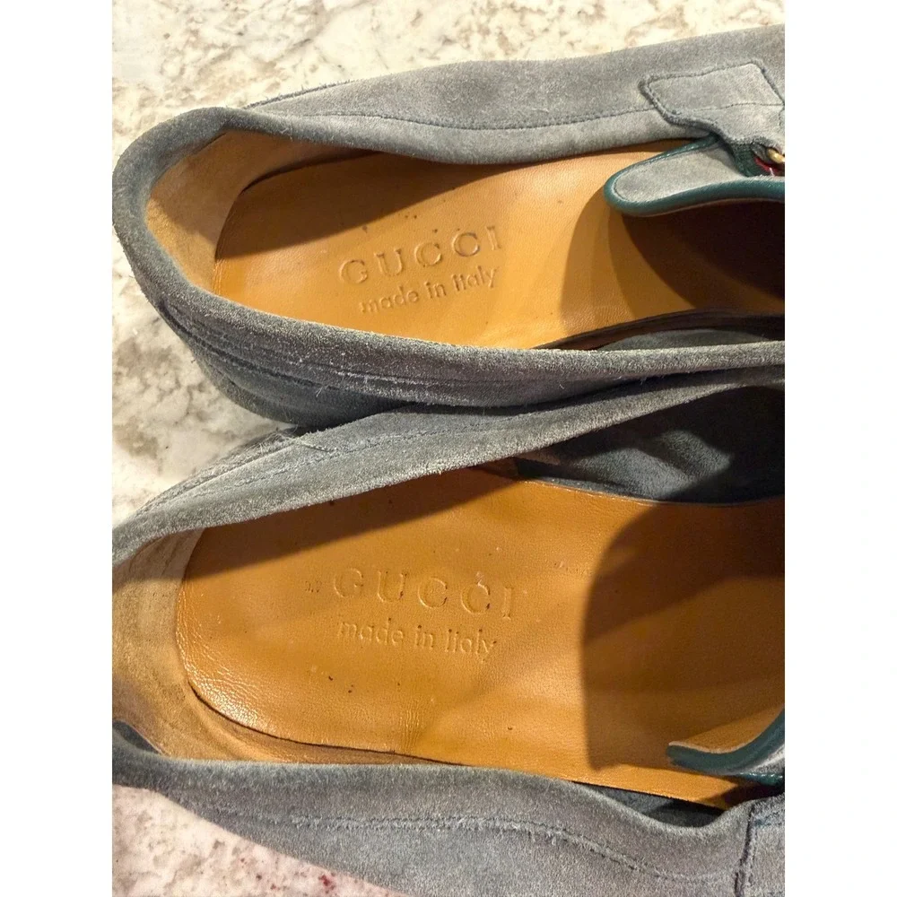 Gucci Mens Grey Suede Web Horsebit Loafers Size 10 Italy  display picture 1